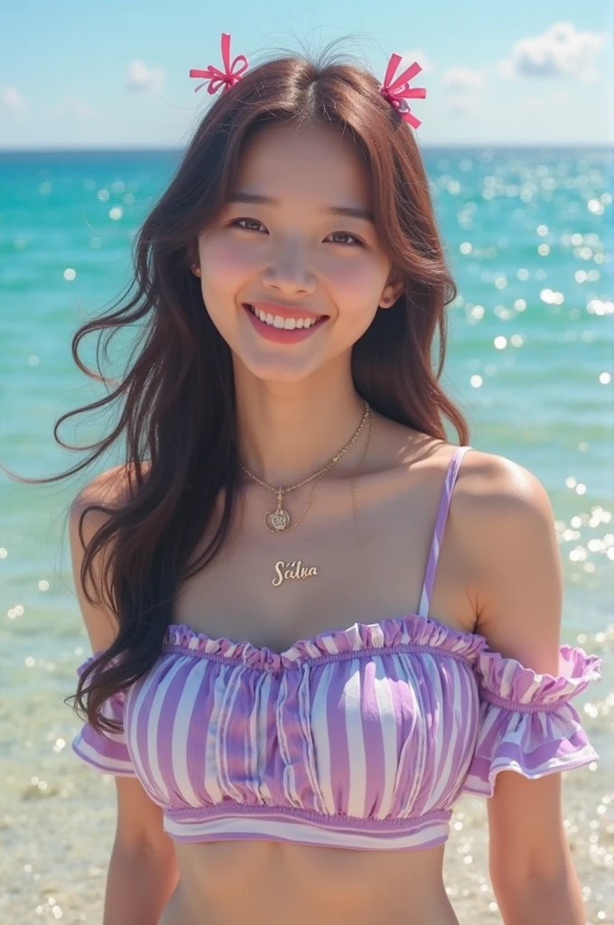 A very cute face like an idol、Looks like a young face、20-year-old female、Gentle and cute、A kind smile、Cleavage、one piece、Beautiful sunset on the beach、((A toast with beer))、whole body、RAW Photos、Genuine、Artistic、Real Stick、High resolution、Genuine Life、No copyright notice