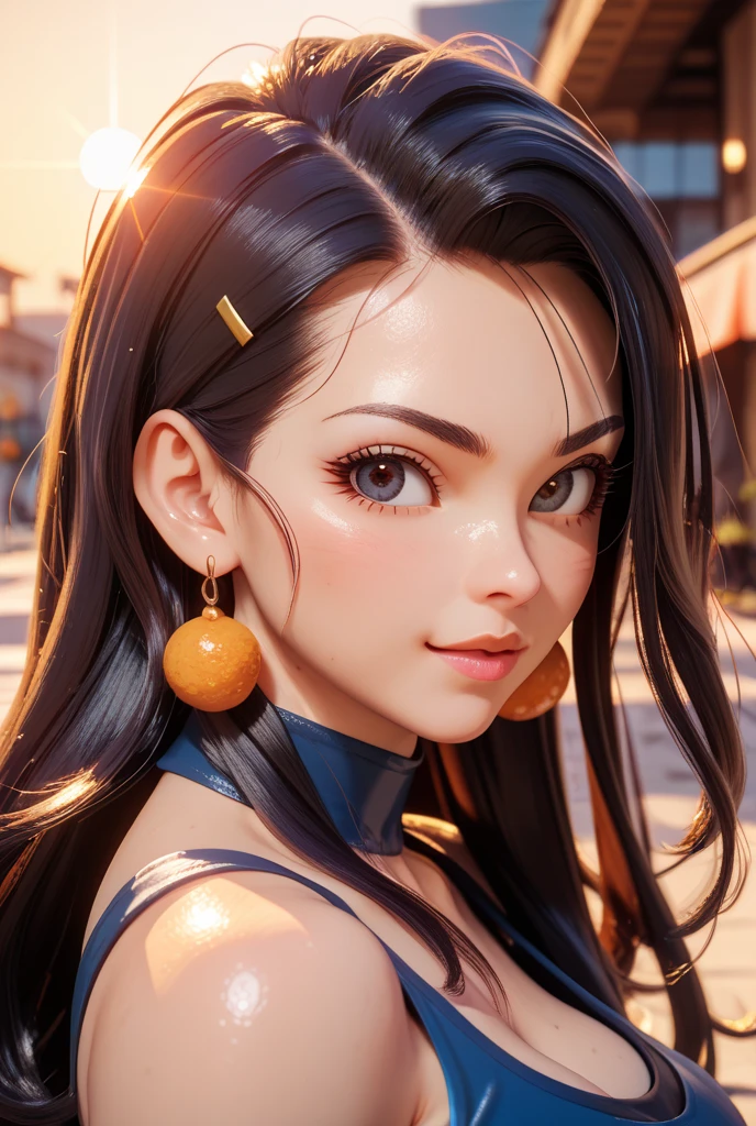 A young asian woman with dark purple hair and yellow leather top with red lips, high quality, detailed face