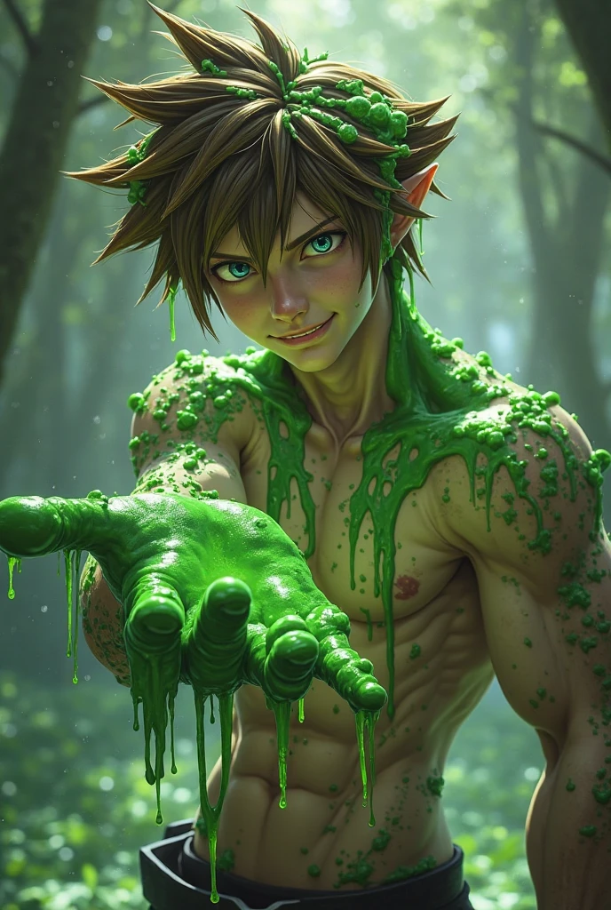 1boy, male, slime, cute face, green skin, green eyes, slime hair, slime body, thin body, sexy