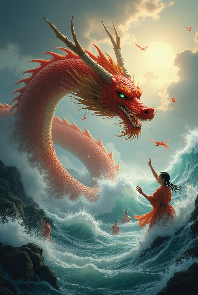 chinesedragon,the ocean，God girl，lighthouse， Art Nouveau style illustration, Detailed sky, chinapunk, Explanatory narrative, solarizing master, quito school, Visual poetry
