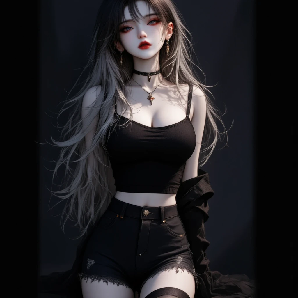 Ultra realistic, real girl, 16K, best quality, High resolution, hot atmosphere, dream atmosphere, 1 girl, tall, 18 years old, Long messy black hair, cute bangs over the forehead, evil eyes, sexy eyes look, skin being illuminated, realistic shading, pale-white skin, light-grey skin, Realistic textures, wearing alternative black outfit, earrings, fit slim tall body, big natural breasts, realistic slim hot body, tall and hot girl, seductive, sensual posture, big hips, thick legs, torn clothes, multiple sexy positions in different types of angles, blurred background, Depth, dream aesthetic, Atmosphere of dream, cinematic lighting.