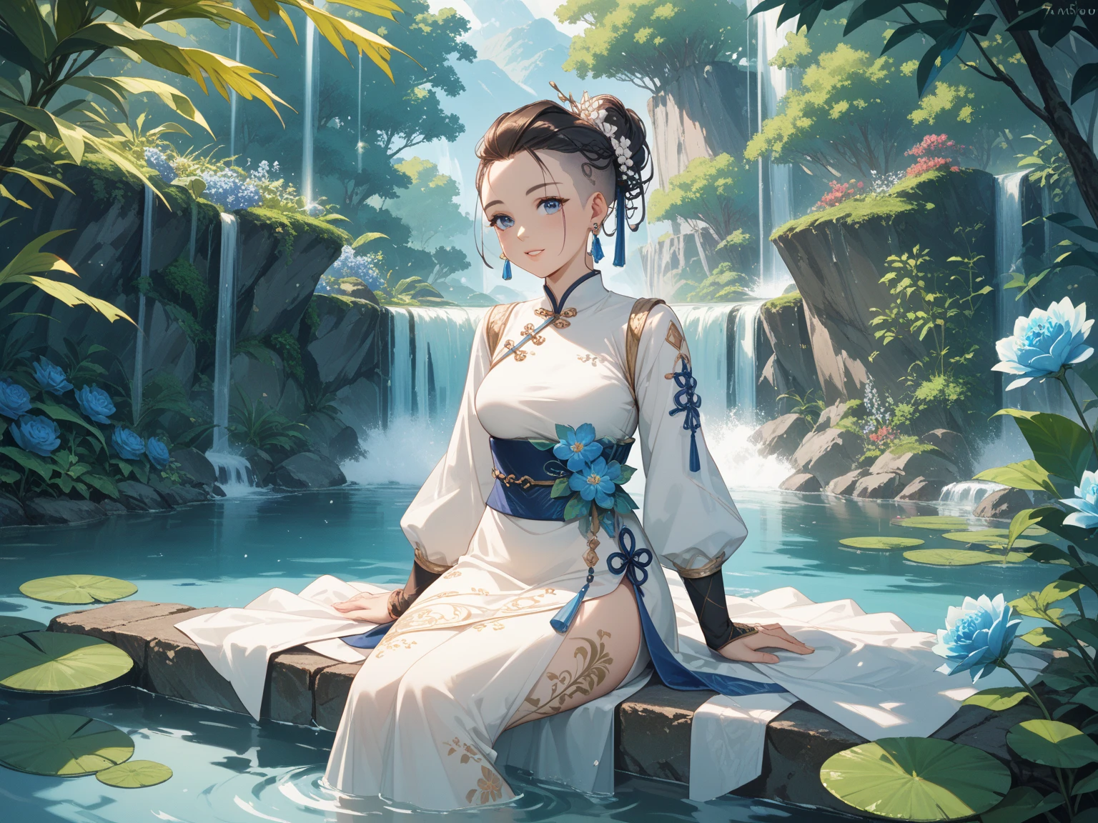 (Watercolor style, spectrum art) + (A woman in ancient costume sits by the river, her feet soaked in the water, picking orchids, leisurely, and the aroma wafts on the riverbank, mixed with a strong smell of orchids. The vista is rich and gorgeous) + (flow subtle reflection, pulsation smudge splash) + (light and shadow clear swaying dynamic)