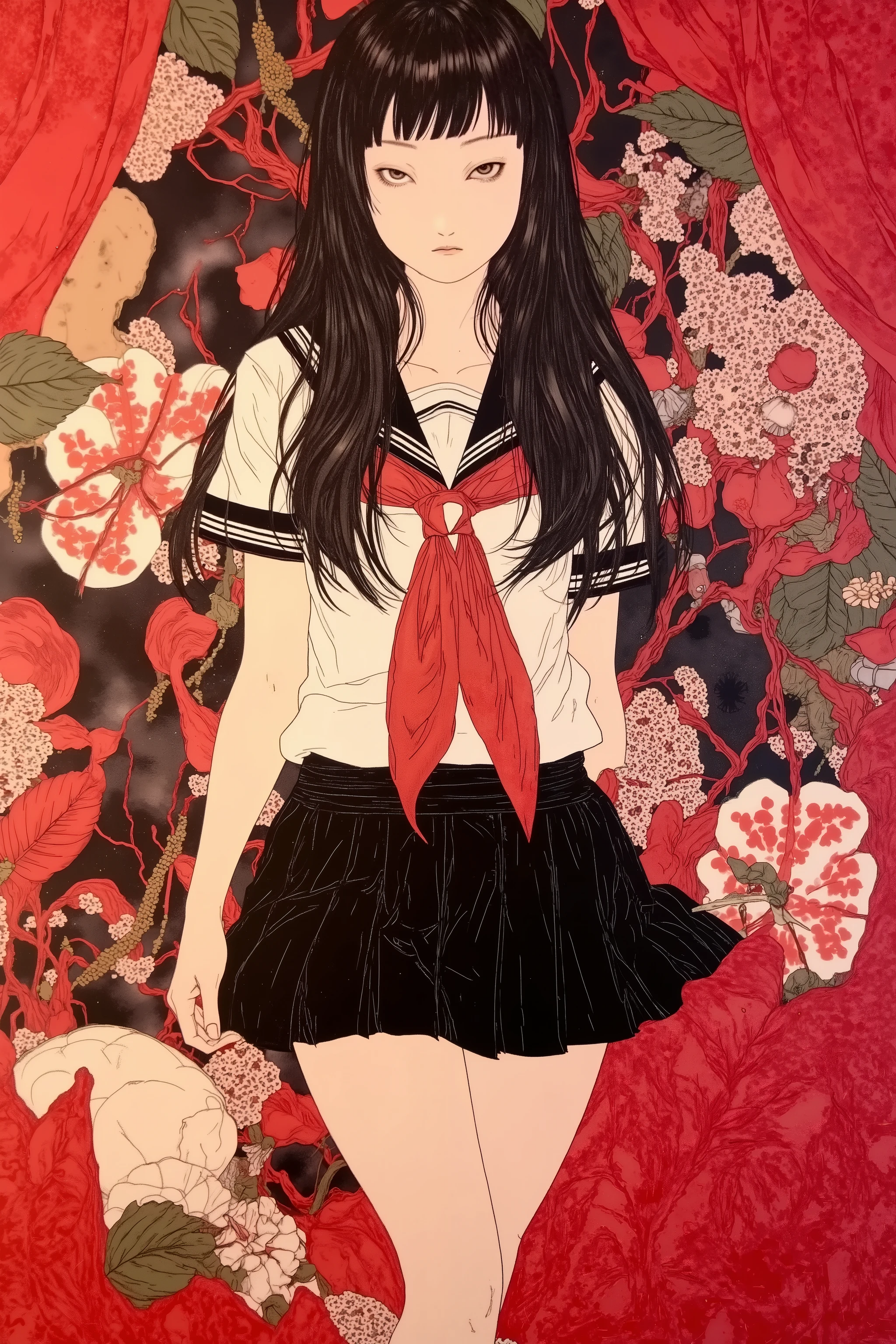 1 girl,beautiful face,turime,black hair,long straight hair ,Bob,hime cut, long hair,((wearing Japanese school black sailor uniform with mini black skirt, red ribbon,long sleeve)),vivid color,erotic,
