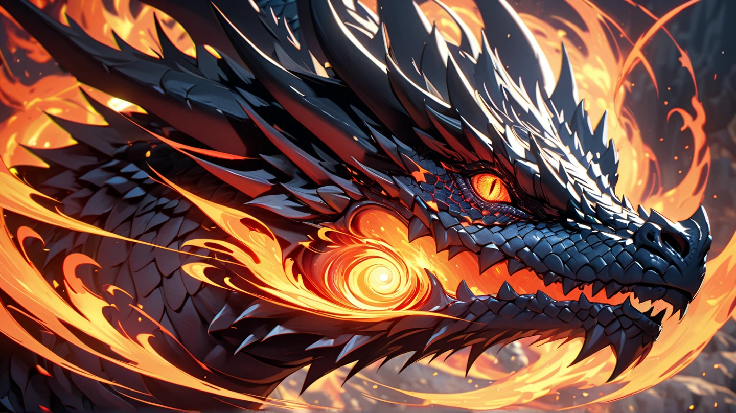 Dragon made of pure fire turned slightly to the right, made of pure fire, facing slightly to the right, close up, red dragon, dragon extremely close to the viewer, open mouth, wide open fire mouth