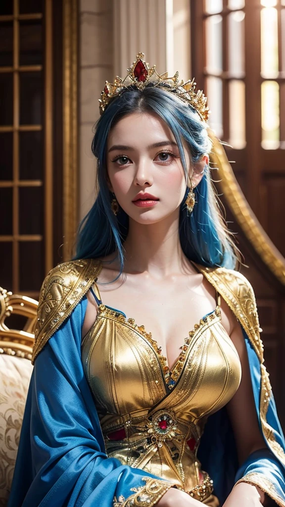 ((realisticity: 1.2)), ((realistic: 8K UHD)), ((best resolution: 8K UHD)), hyper detailed, best quality,masterpiece,highres,cg, ((1 girl hyper detailed and hyper realistic) ) , ((beautiful queen, hyper realistic and hyper detailed)),((white skin, beautiful, smooth, youthful, hyper realistic and hyper detailed )), ((Face hyper beautiful, white, hyper realistic and hyper detailed ) ), long hair, ((hyper realistic and hyper detailed dress)), solo, ((hyper realistic, hyper beautiful, beautiful and hyper detailed jewelry)), ((hyper beautiful deep red and golden yellow dress, hyper realistic and hyper detailed )) , ((Her pretty, hyper realistic, hyper detailed diamond filled earrings)), ((Her gorgeous diamond haircut, hyper realistic and hyper detailed)), ((hyper pretty upper body, hyper beautiful, hyper realistic and hyper detailed) ), ((medium breast: 1.1)), ((hyper realistic, hyper pretty, hyper detailed boobs)), ((the backgroun of the royal palace is hyper majestic, hyper realistic and hyper detailed)),((hands and palms hyper beautiful, hyper detailed, hyper realistic)), ((hyper detailed and hyper realistic fingers and fingernails)), ((hyper pretty fingernails, hyper vivid, hyper detailed, hyper realistic)), ((thumb, index finger, middle finger, ring finger, little finger hyper vivid, hyper pretty, hyper detailed, hyper realistic)), ((hyper beautiful fingers, hyper detailed, and hyper realistic)), ((posture not too fat and not too thin, hyper realistic, hyper detail)), ((hyper pretty, hyper pretty, hyper realistic and hyper detailed hair bun)), ((hyper pretty , hyper realistic and hyper detailed blue hair)), candid, Photo, high resolution, 8k , bokeh,