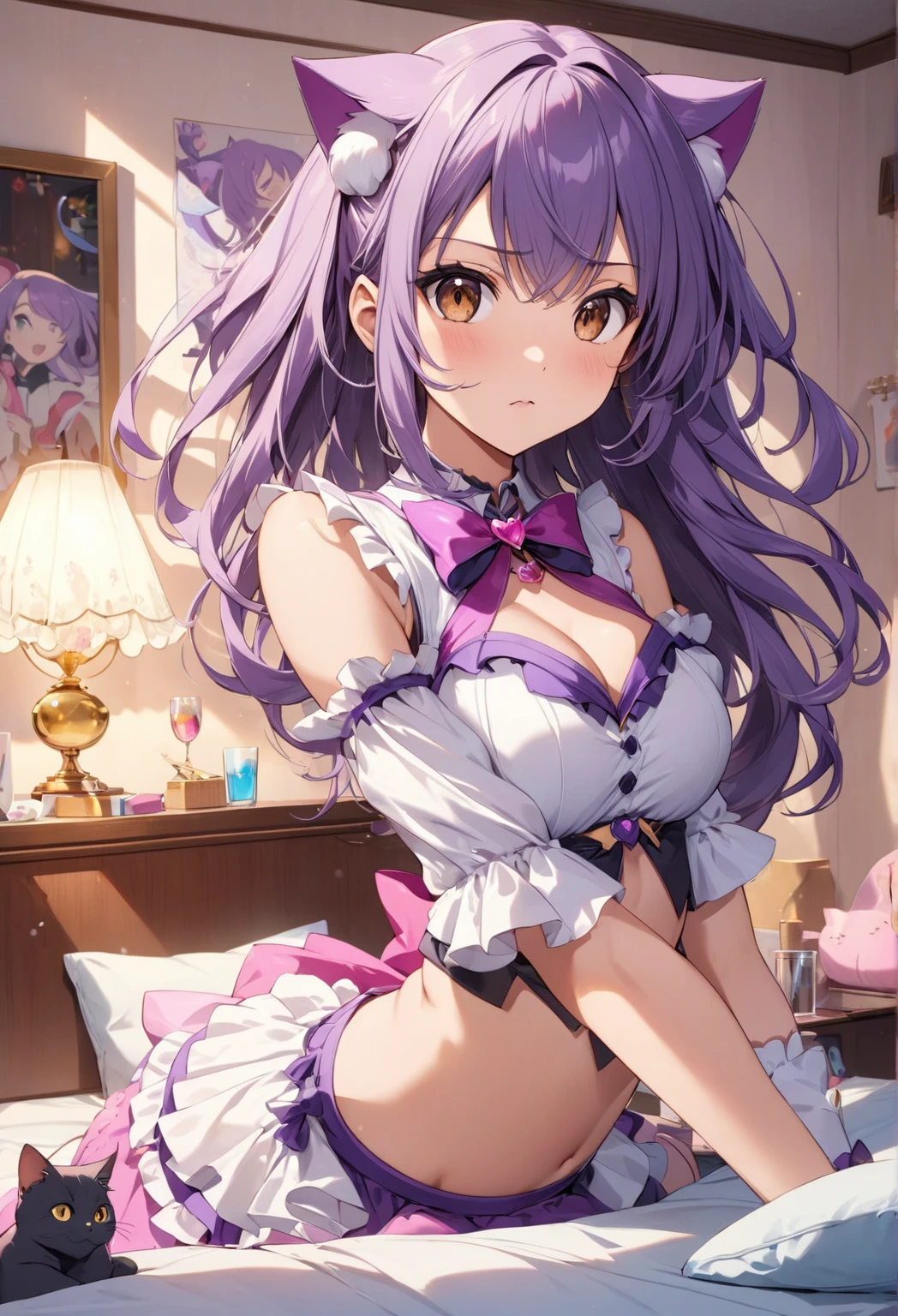 woman、14 years old、Light purple long twin tails、height: 145cm、Bust: 98cm、Waist: 72cm、Hips 88cm、eyes drooping slightly、Sexy pink sheer panties、Red Garter Belt、Red Stockings、She has her tongue out and an ecstatic look on her face, Feel joy.Showing off pussy