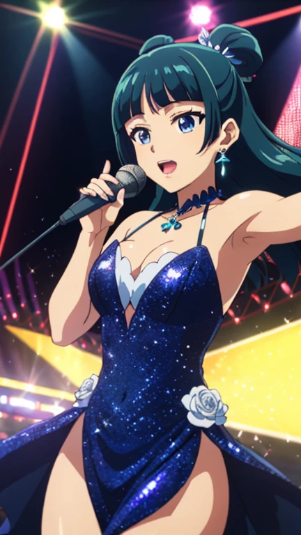 Top quality (8k, high resolution, masterpiece: 1.2), super detailed, anime art style, dynamic angle, teen style, (idol costume, idol dress, idol stage, microphone, singing, open mouth), detailed green hair, detailed blue eyes, intricate hairstyle, long hair , slim body, sparkling eyes, youthful, hair accessories, earrings, half-updo, slightly dull bangs, detailed lighting, bright colors, looking at the viewer, in the center of the image, cowboy shot,