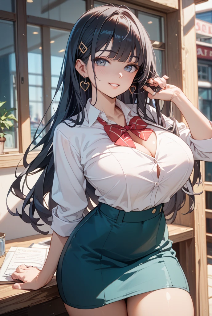 kujikawadef,long hair , wet bra, very short sleeves skirt, high highs, jewelry, earrings, standing, best quality, highly detailed, masterpiece, absurdres,8k, photorealistic, realistic,detailed skin texture,detailed pupils,HDR,natural lighting, 1girl,solo,(happy:1.1),(smile:1.2),(angular face:1.2),shiny face, big breasts, narrow waist, lip makeup,