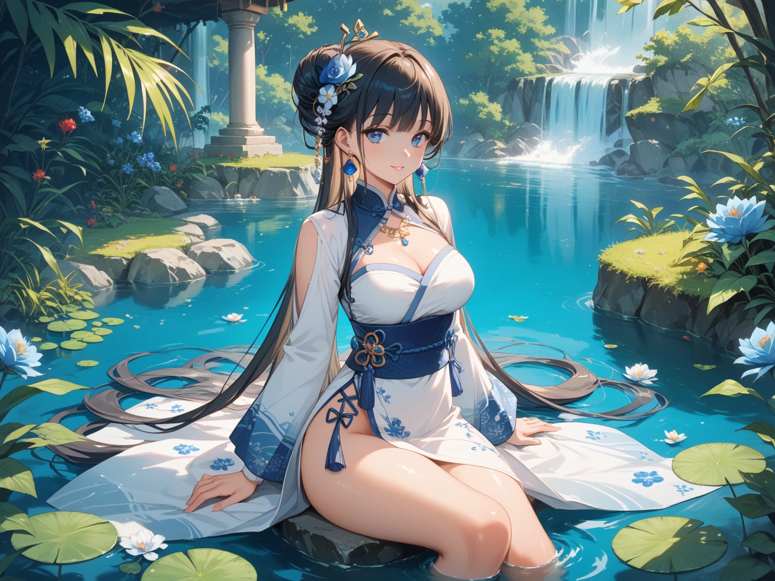 ((highest quality)),(ultra high resolution),(Super detailed),(detailed description),((best CG)),(best work of art),super precision art,amazing drawing art,(Fantasy art with precise details:1.5), (woman:1.6),(beautiful and well-shaped face:1.5),smile:1.7,(Clothes made of intricately detailed cloth:1.6,),(Sitting on a big rock:1.6),brook babbling:1.7,soft sunlight:1.8,Birds and animals gathered together