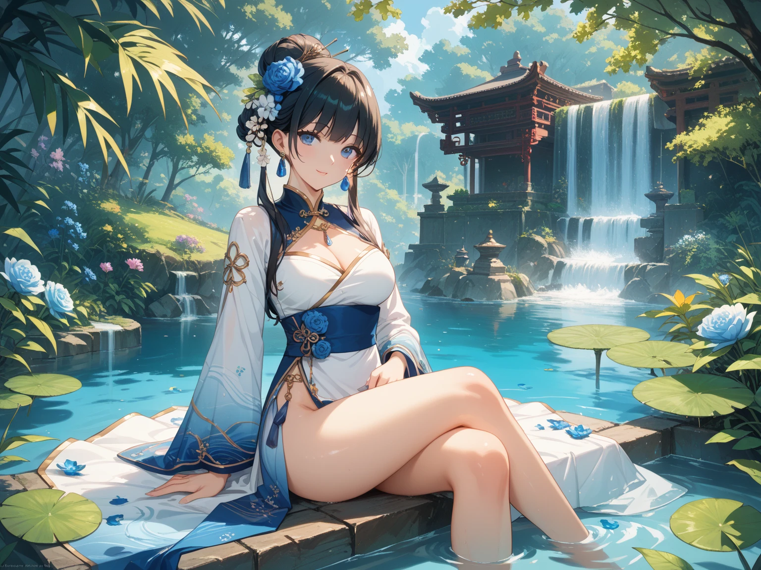 top quality,best resolution,(soaking wet的白色长旗袍),Super detailed, She has a white twin tail,20-year-old young girl,gorgeous的雕纹,Design intricate clothes,light eyes,she has earrings, wealth,gorgeous,Vision, Elegant and charming,Mildly curvy figure,((White transparent white garter stockings)),((soaking wet,Adjacent to ancient Chinese hot springs)),night,little lighting,posture