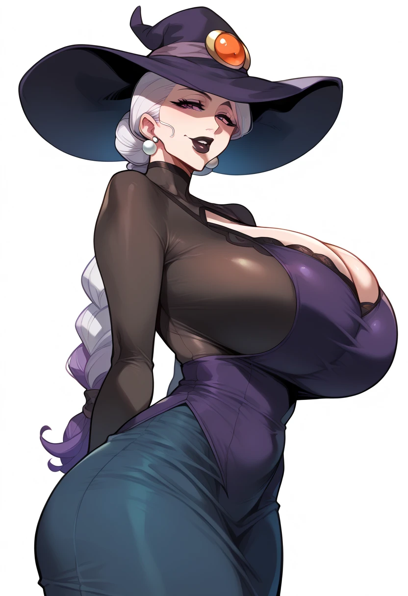 pregnant woman, older, in their 30s, with short purple hair and a tall, curvy body, vista sideways, sideways, breasts big, (work of art, best qualityer:1.2) wearing the legendary great black dress of the mystical sorceress, Big witch hat, breasts big gestante, clothes covering the whole body, detailed mysterious look