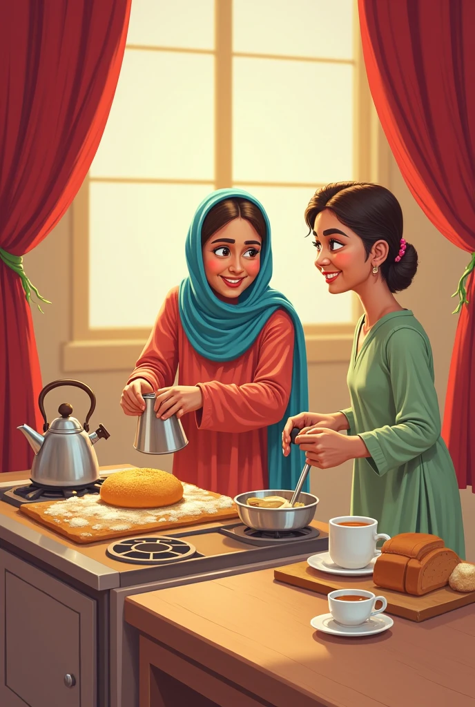 Islamic girl helping her mom in kitchen work