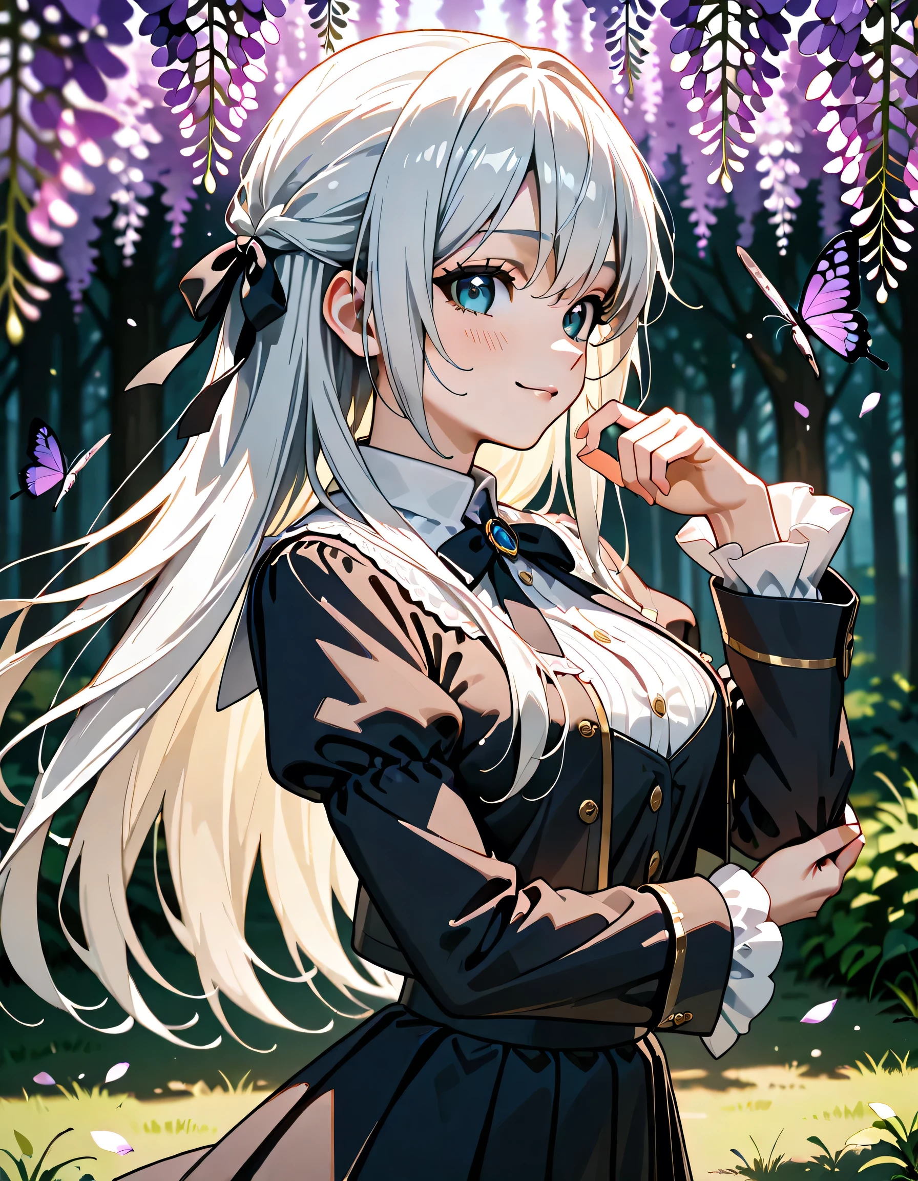 (score_9, score_8_up, score_7_up), source_Anime, absurd_res, white, purple, black, 1girl, solo, upper body, super fine illustration, an extremely delicate and beautiful, best quality, masterpiece, 8K, spring night setting, wisteria flowers, Purple butterflies flying, a purple butterfly is resting on her fingertips, gentle breeze, sunlight filtering through trees, long silver hair:1.3, half updo:1.2, blue eyes, hair ribbon with black, ample breasts, blouse with a round collar:1.3, flared skirt with purple, ultra-beautiful girl, fluttering hair, blushing faces, smile:1.2, embarrassed reaction, looking viewers, dynamic pose, contrapposto pose, soft fabric movement, fluttering petals, warm and bright atmosphere, soft lighting, delicate color palette, detailed clothing folds, flowing hair, lively spring night vibe, highly detailed rendering, breathtaking composition,
