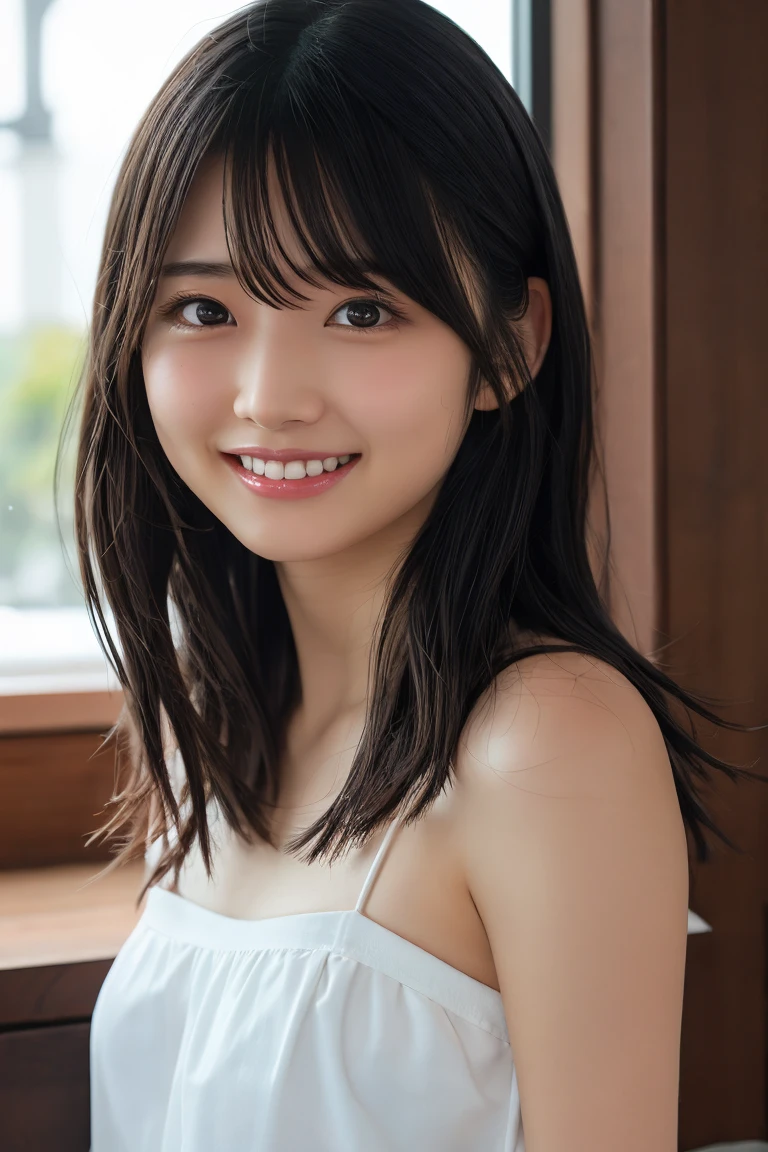 (Highest quality,masterpiece:1.3,Ultra-high resolution),(Very detailed,Caustics,16K),(Realistic:1.4,RAW shooting),Ultra-Realistic Capture,Human skin close-up,Natural skin texture,The pores are detailed enough to be easily identified,Healthy Skin and Even Tone,Use natural light and color,18-year-old,Japanese,cute,Long black hair,I'm looking at the camera with a smile on my face,Big Breasts,Waist up shot,(Face Focus:1.2),(Face close-up:1.2),(Low position:1.3),(Low Angle:1.3),(Night bets),Lens flare,On the bed、In pajamas、Wearing pajamas