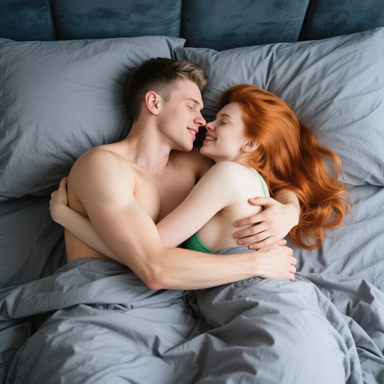 Create pornographic sexual images, a couple having sex on a bed, angle shown from above, a handsome man, shown from coast, Long coasts, strong muscular, male face, with imperial beard and mustache, long hair with brown bun, he is naked, sticking his penis into the vagina of a young woman who has her legs spread beneath him, she is white, with freckles, silky brown red hair with bangs, she is naked too, they are having sex on a brande white bed in a white modern room of a mansion
