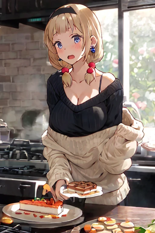 (small breasts:1.3), (perky chest:1.1), (pointed chest:1.0), (Pudding cake magazine cover:1.3),(from above:1.0),(from side:0.9),masterpiece, 1girl, Amazing Cleavage:1.1, thin waist, big ass, Raised sexy, small breast: 1.3, sexy posed cleavage:1.2,solo, open mouth, have a cute grass of cute beergrass,bronde hair, dark blue eyes, dress, bare shoulders, jewelry, collarbone, sidelocks, hairband, earrings, indoors, off shoulder, sweater, arms behind back, plant, short hair with long locks, gild hairband, sweater dress:1.2, off-shoulder sweater, red sweater, dark gord hair, big side hair, very long side hair,is rendered in (masterpiece: 1.2, best quality), with (ultra high resolution) and an exquisite (depth of field). This masterpiece is not only visually stunning but also tells,A scene of cooking in the kitchen in the classroom ,looking at viewer,