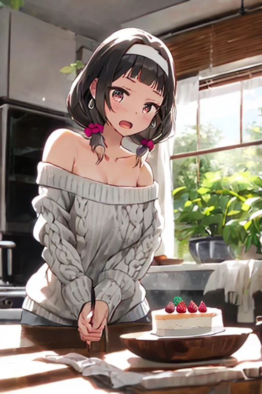 (small breasts:1.3), (perky chest:1.1), (pointed chest:1.0), (Pudding cake magazine cover:1.3),(from above:1.0),(from side:0.9),masterpiece, 1girl, Amazing Cleavage:1.1, thin waist, big ass, Raised sexy, small breast: 1.3, posed cleavage:1.2、solo, looking at viewer, open mouth, have a cute grass of cute beergrass,black hair, dark green eyes, dress, bare shoulders, jewelry, collarbone, sidelocks, hairband, earrings, indoors, off shoulder, :o, sweater, arms behind back, plant, short hair with long locks, gild hairband, off-shoulder dress, sweater dress, off-shoulder sweater, red sweater, dark gord hair, big side hair, very long side hair,is rendered in (masterpiece: 1.2, best quality), with (ultra high resolution) and an exquisite (depth of field). This masterpiece is not only visually stunning but also tells,A scene of cooking in the kitchen by classroom