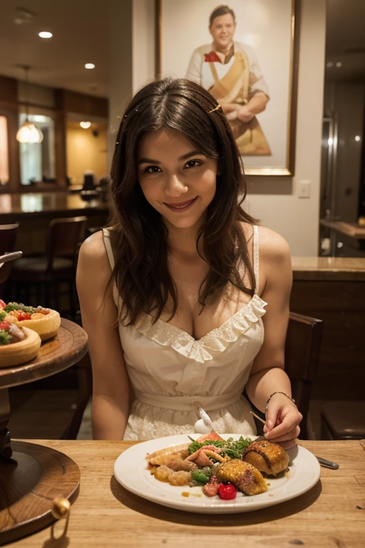 belle femme mince, gingembre, Grand sourire, beau seins, belle fesses, Light lighting, table assise de restaurant, evening dress green