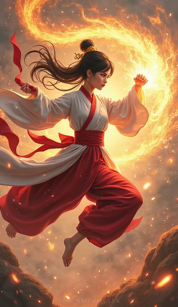 Photography, surrealistic 20-year-old Asian girl with long black hair, flows with wind effect, flying above the clouds, wearing a Chinese legendary red, white and gold Xianxia costume, holding a large ancient Chinese sword, fighting pose, martial arts pose, and shouting bullet time effect. The orange flame halo around her is flaming and expanding in a terrifyingly high range, seeming to bend and swirl along with her energy. Aerial view with a worm's eye view in a full body shot. Fujifilm D55 lens: 50mm f/1.8 --ar 3:4 --Raw Style --Style 750 --iw 0.5UHD