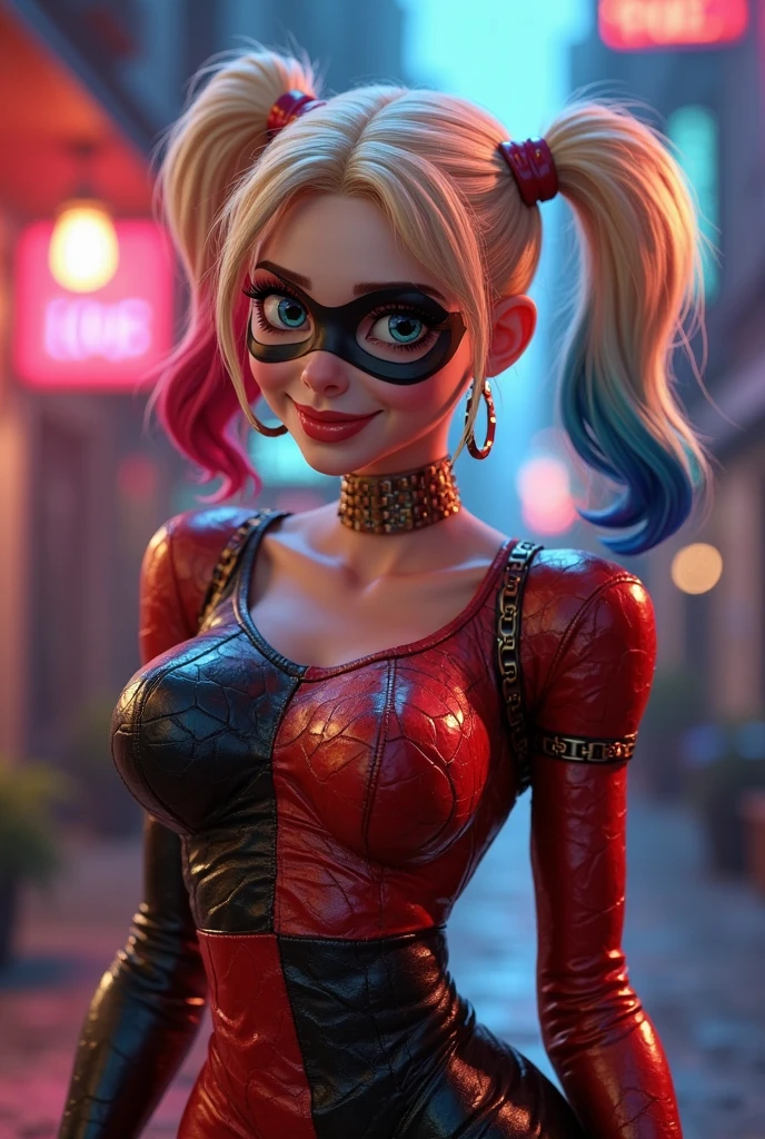 Harley quinn in sexy revealing harley quinn costume, in a new work street. disney pixar 3d