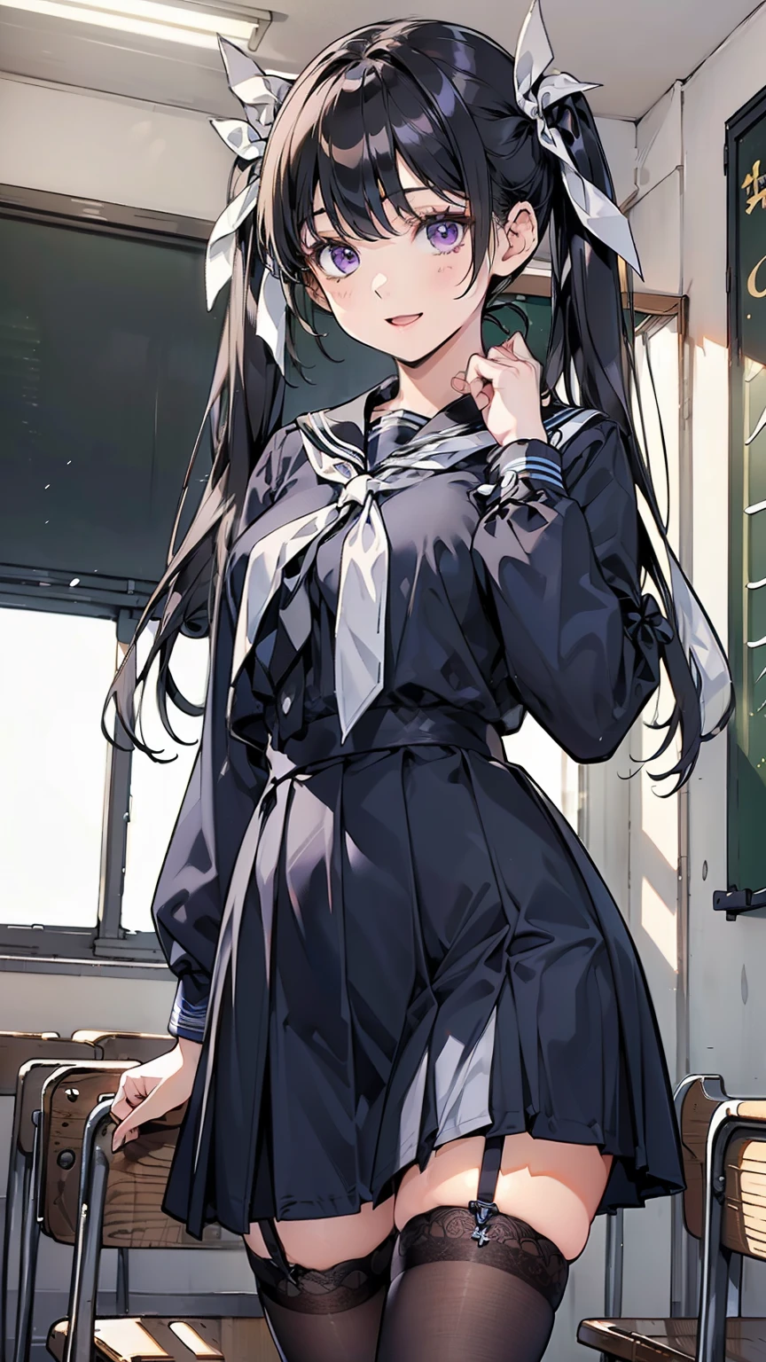 (8-head body), ( Extremely Detailed CG ), (Unity 8k), (Highest Quality), (Very detailed), (ultra high resolution), black hair, dark blue sailor suit, Dark blue skirt, high school girl, animated 2D rendering, PURPLE EYES, small breasts, tall, Suspended Eyes, Classroom View, black stockings, bright color, gentle smile, Open your mouth slightly, (twin tails:1.4), (Tie your hair with a white ribbon:1.4),