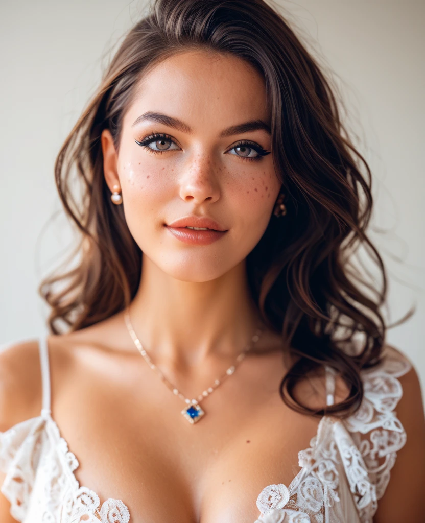 from top view, selfie, extreme close up photo of beautiful French 18 year old, hourglass figure, swooping large breasts, ample cleavage, red auburn hair parted to one side, blue eyes, sexy armpits, seducing in bed, wearing a bikini, French braid hair, necklace, sultry, look at viewer and smile, see-through transparent lace nightdress, (cinematic:1.3), intricate details, (ArtStation:1.2)1girl, Blue eyes, Smile, 