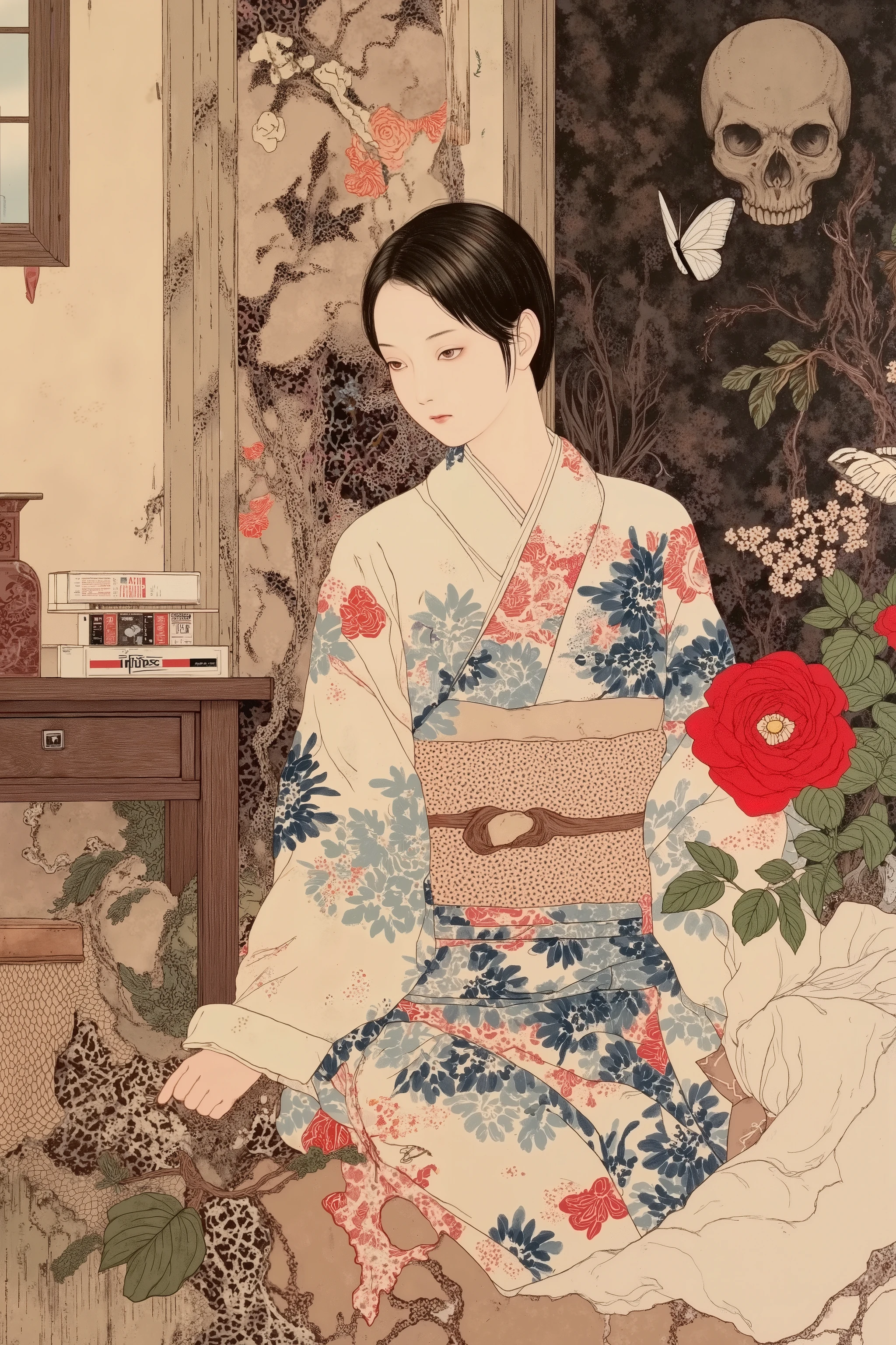 side view,1 woman,semi short hair,wearing kimono,in japanese room,flower,butterfly,