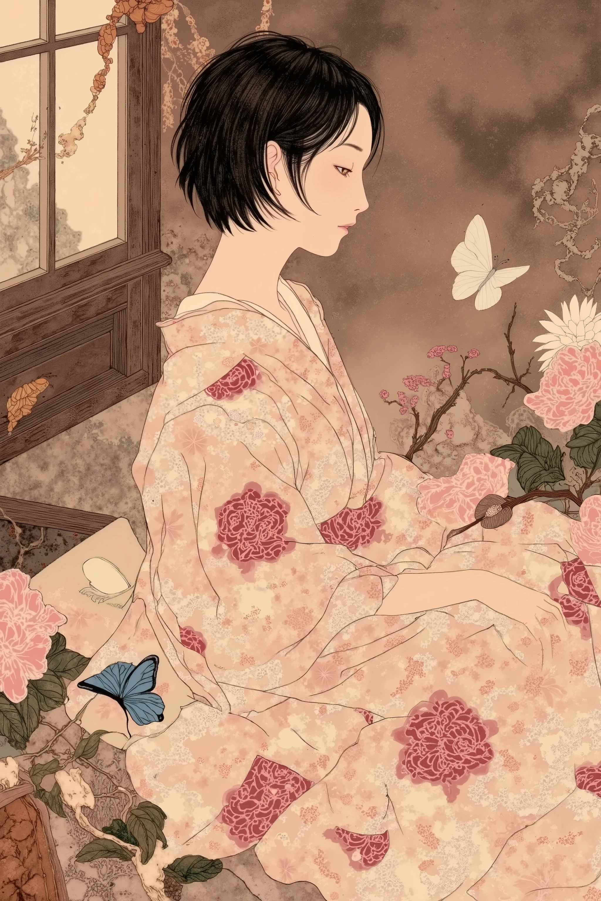 side view,1 woman,semi short hair,wearing kimono,in japanese room,flower,butterfly,