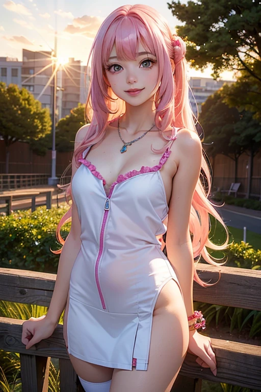1girl, K-pop idol, yae miko, sleeves separated, bare shoulders, (sideboob: 1.45), pink hair, long hair, (ripped Japanese clothes), (white clothes) best quality, (photodepths: 1.3), (hair ornament: 1.35), jewelry, purple eyes, earrings, big boobs, torii, cherry blossoms, lantern light, depth of field, Detailed face, face focus, bodystocking, ribbon_trim, white dress, white dress, white dress, (Viewers: 1.5), non-traditional witch, shiny skin, long sleeves, smile, thick lips, thighs, east Asian architecture, blurry background, full body, glowing eyes, happy face, open shirt, bottom up, happy face, (ulzzang-6500-v1. 1:0.8), sticking out tongue,, sweat, juice, juice,