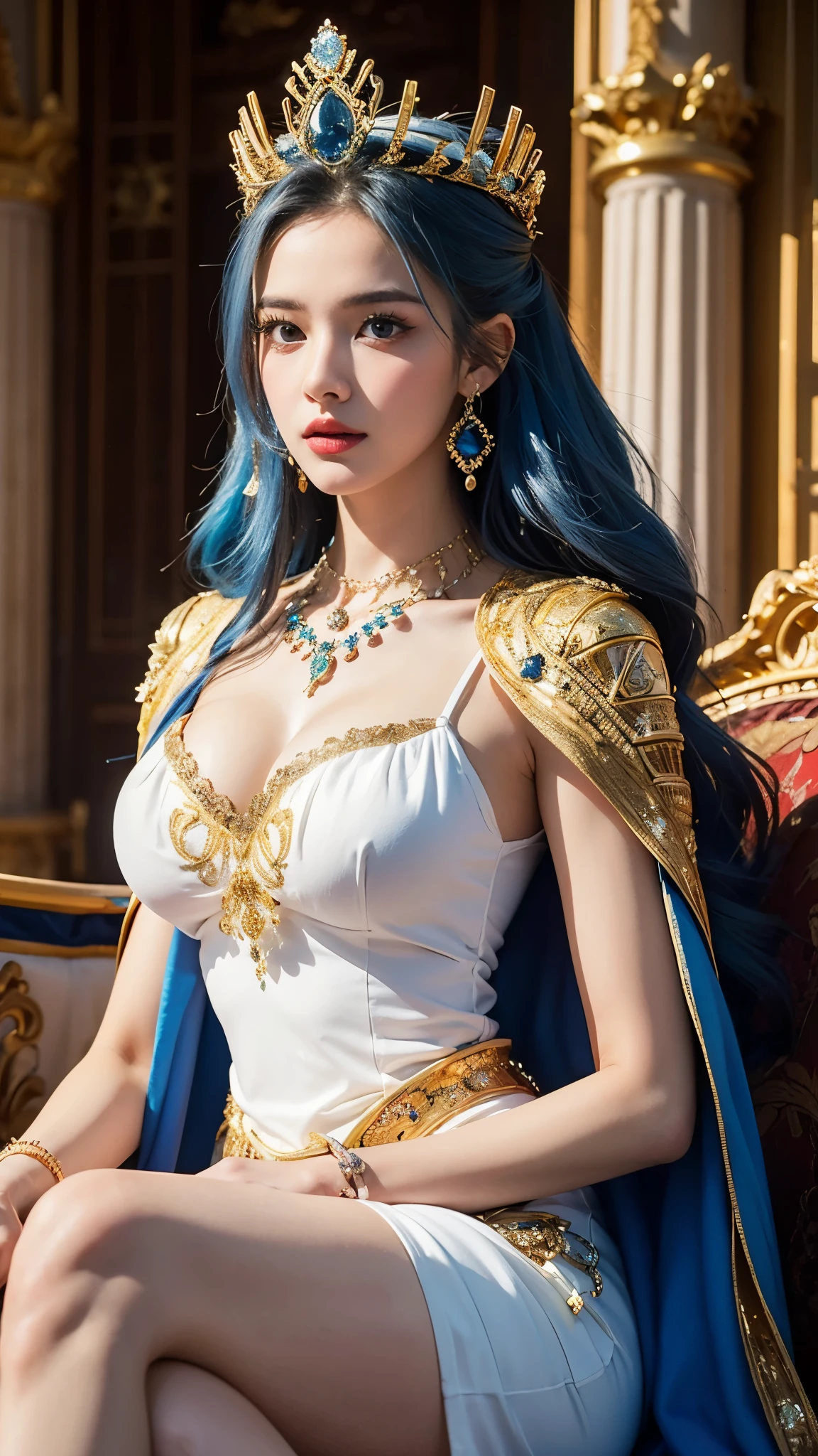 8K、The highest quality of photorealistic RAW photos。1.4)(adult lady<>a person) Super beauty(Lifelike face) Mature woman with blue mohawk、Ethereal、goddes、large full breasts、vivd colour、Gold and White Goddess Costume,white greek peplos、Golden hair、The perfect female figure、a smile、trending on artstationh、masterpiece、8K分辨率、Fantasyart、超A high resolution,real looking skin,Golden decoration,