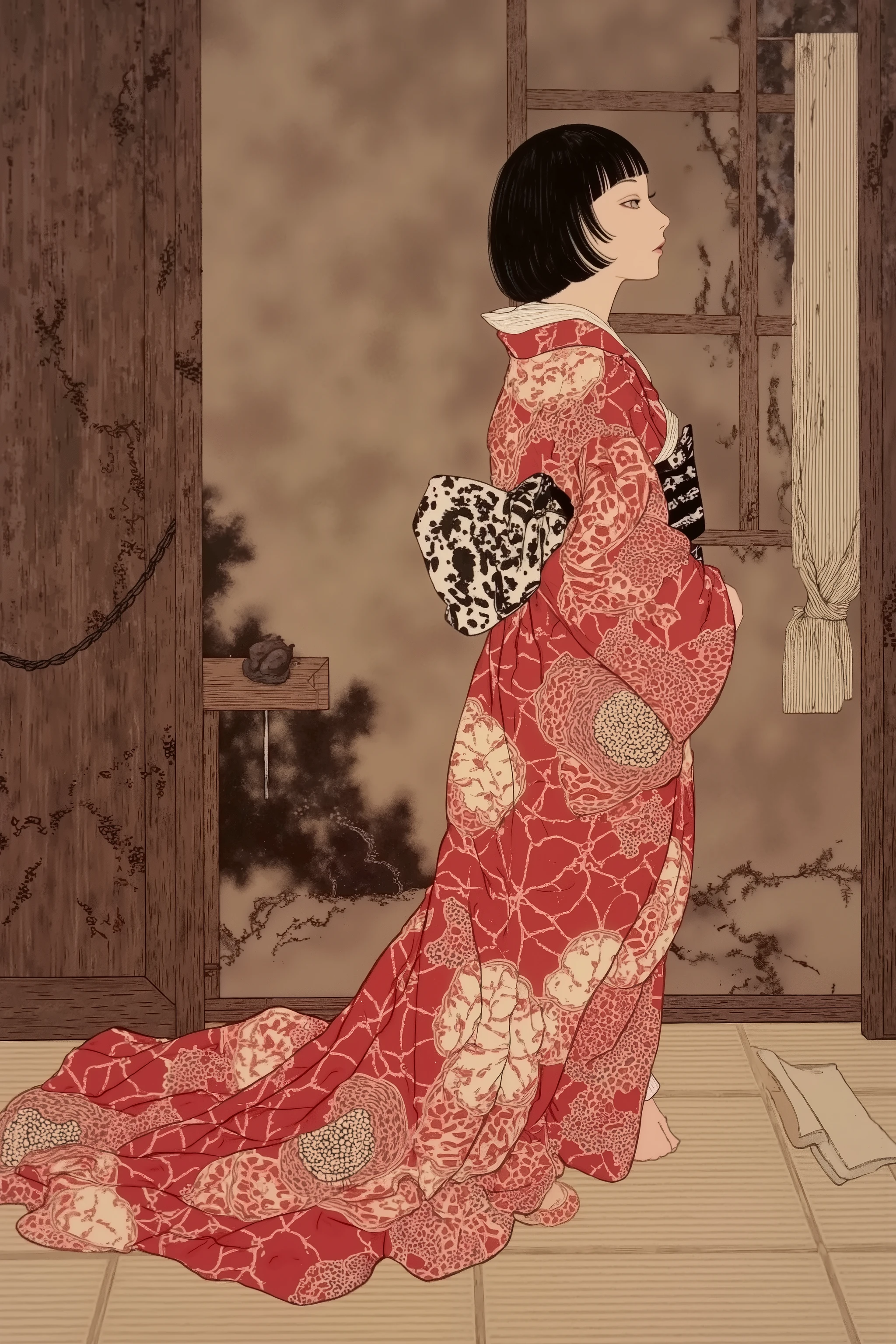 side view,1 woman,semi short hair,wearing vibrant pattern kimono,in japanese room