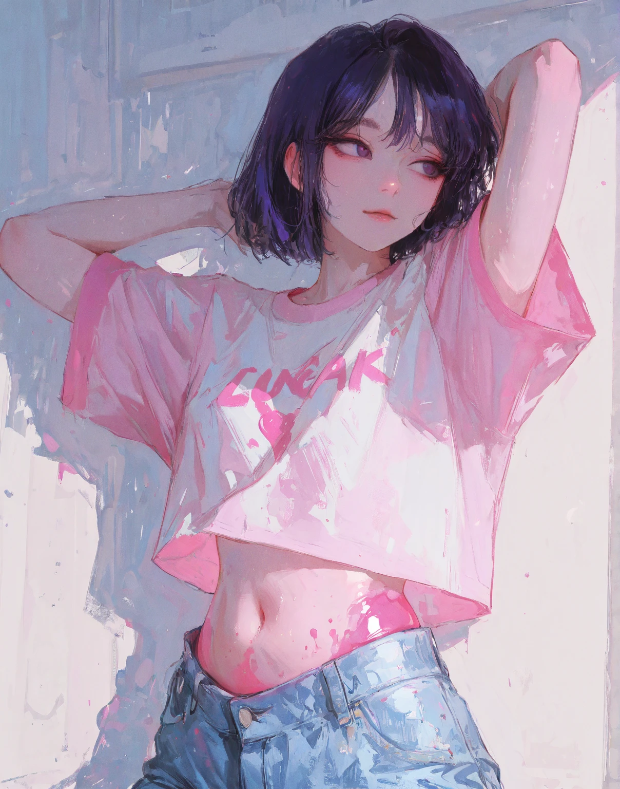 purple eyes, black hair, blunt bangs, wavy hair, (flat chest), solo, asian, freckles, smile, pink background <lora:natv1:0.6>