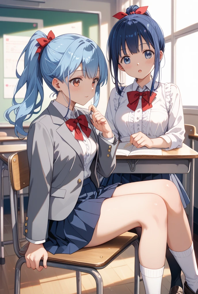 Highest quality、High resolution、Detailed Background、Artistic、mysterious、Beautiful face in every detail、age beauty、Huge breasts、Detailed facial expressions、Light-colored hair、ponytail、Bobcut、Perfect body line、Glasses、Navy blue sleeveless sailor suit、White sailor collar、Navy blue pleated skirt、White Stockings、A big smile、laughing、A fun atmosphere、
(Bottom view of two litttting at a desk in a classroom:1.5)、Emphasize cleavage、Show your side、cute