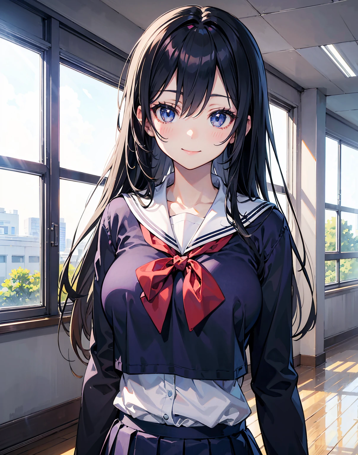 (Highest quality, 4K, masterpiece :1.3), Fisheye Lens:2.0,Beautiful woman, 1 Girl, (chest, Attractive body :1.2), Show inside the skirt,JK:1.1, Black Hair: 1.1, Long Hair, Sailor suit, Very short mini skirt,Highly detailed face, Lip details, Beautiful Eyes, double eyelid, smile,The background is a classroom at night