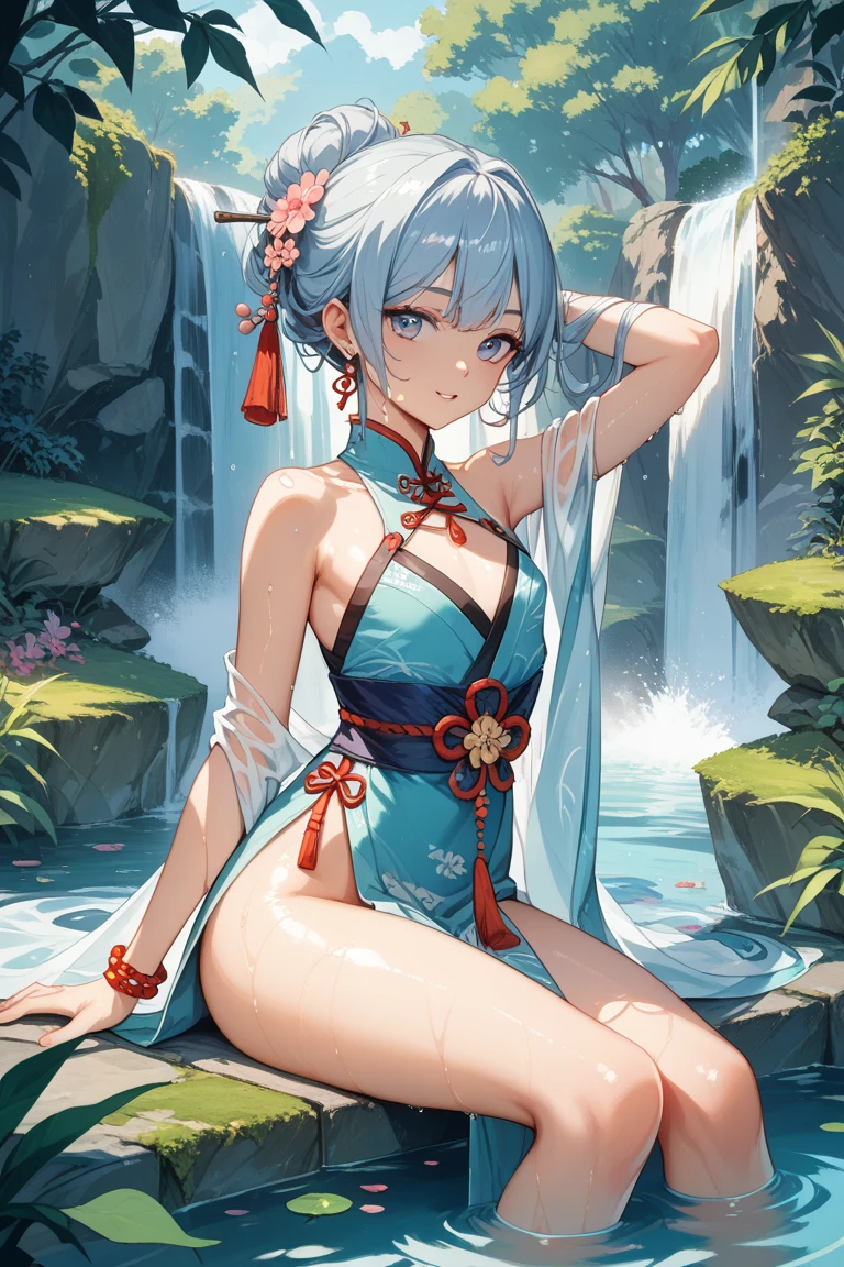 Absurd, High resolution, (Anime Style:1.1), ((Tabletop)), ((Highest quality)), (Very detailed), (beautiful), alone, beautiful face、9. Blue Reflection：A woman looking at a beautiful night view on the shore of a quiet blue pond，Her reflections are、Blending into the natural surroundings。The water surface ripples gently，Creates a sense of tranquility and clarity。12 years old、(Completely naked:1.1)、shooting star、Turn your back、(Cute bear ears)、