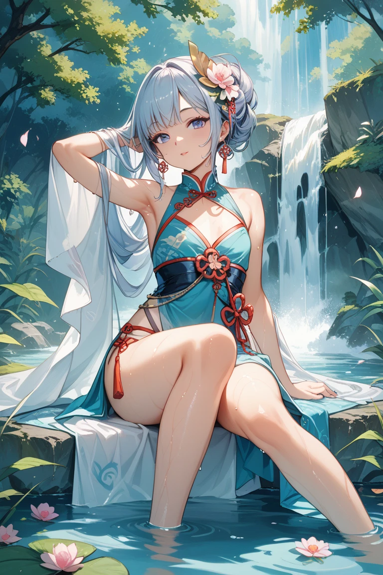 ganyu_\(genshin_impact\), hiten kei style, claude monet, oil painting, masterpiece, hyper realistic, realistic skin, best quality, 1girl, lakeside, medium breasts, huge nipples, erect nipples, topless, full body, vector illustration, nipples, light smile, bangs, long hair, stomach, navel, bare shoulders, blue hair, horn, wet, soaked, raining, sarong, loincloth, black pantyhose, red tassel, magnolia leaves, autumn, sky, hands up, arched back, stretching, open mouth, bored, waterfalls, cliffs, falling leaves, resting, village on background, wet body, pouring rain, washing her body, taking bath, arched back, luhua pool, white flowers, rice paddies