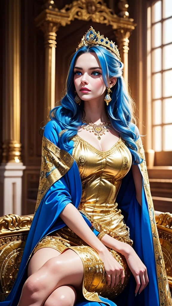 Full-body portrait of a tall woman in her 30s, Has blue eyes and sea-blue hair, Wearing a blue and black Victorian ball gown, The blue-eyed empress, Female Swordsman, Chinese Princess, Standing in a Chinese temple, New costume concept design, Blade and Soul Style, Full body character concept, detailed character design, Inspired by Yang Jing, Inspired by Li Mei-shu, Moon themed costume, Outfit with gold accents, Inspired by Ju Lian, colored concept art, highly detailed character design, Highly detailed face, Inspired by Ai Xuan, very Highly detailed face, Unreal Engine Rendering, Final Fantasy 14 Style