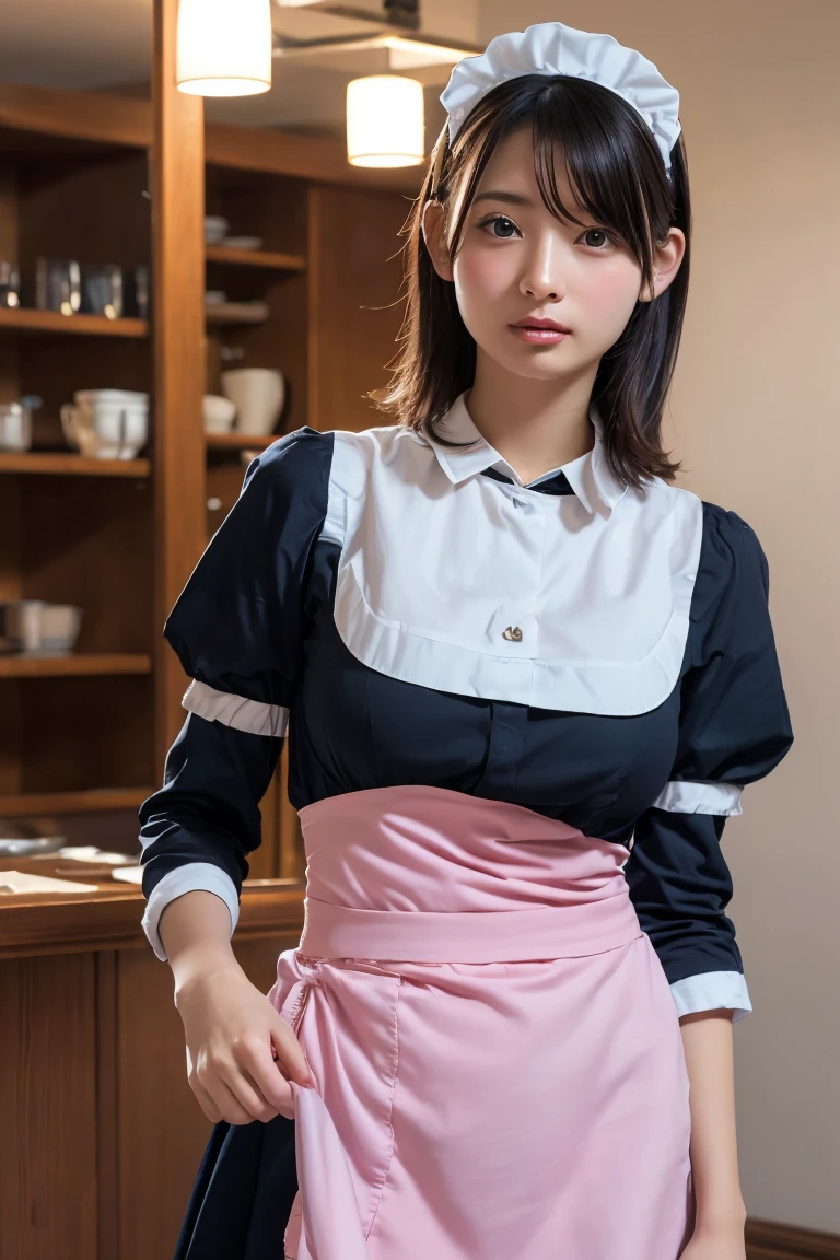 (8k, RAW Photos,highest quality, High resolution:1.1), (Ultra-realistic:1.4),(Realistic, Realistic:1.3),The Beauty of Japan、Rhythmic gymnastics club、Rhythmic Gymnastics Uniform、((Upper Body:1.3)),holding panties ,Maid Cafe、((Maid:1.3))
