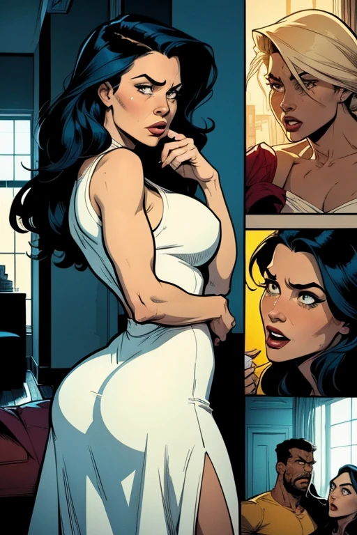 Comic book style, A black and white drawing of a pretty girl having her panties pulled down, high resolution, high quality, masterpiece, Panel layout