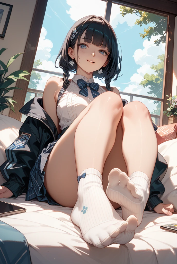 Boyish girl in blue NIKE sneakers on bed、School uniform、Long black socks、skirt by the