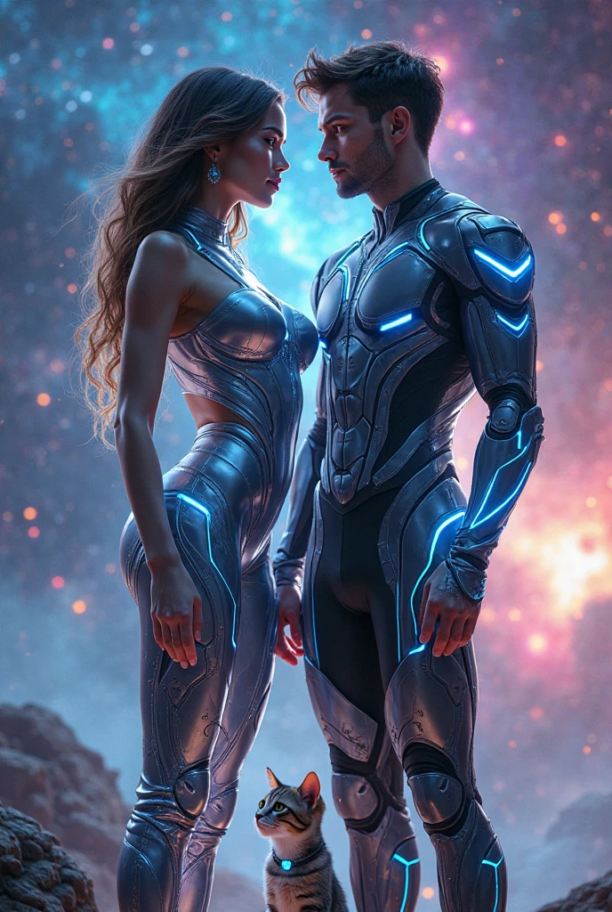 A full body of two brand new mixed alien 1man and 1woman species, discovered in the depths of the universe, radiates with iridescent hues that shift like the aurora borealis. Their licht-orange skin is adorned with intricate patterns of glowing jewels, each one pulsating with a soft, ethereal light, adding to their mesmerizing and enigmatic appearance. They are stepping out of a landed Ice-blue spaceship. best quality, realistic, photorealistic, (intricate details:1.2), (delicate detailed), (cinematic light), clear line, sharp focus, realistic face, detailed face, unity 8k wallpaper, ultra high res, (photorealistic:1.4), looking at viewer