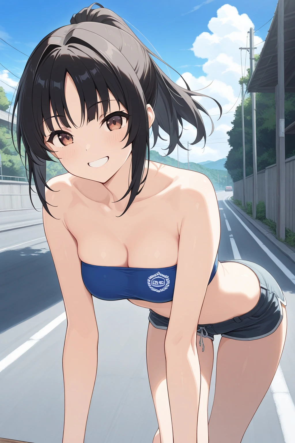 masterpiece, best quality, ultra-detailed, illustration,1girl,solo,black hair,long hair,blue eyes,medium breasts,leaning forward,cleavage,indoar,plastic bag,swimsuit,looking at viewer <lora:plastic bag:0.8>