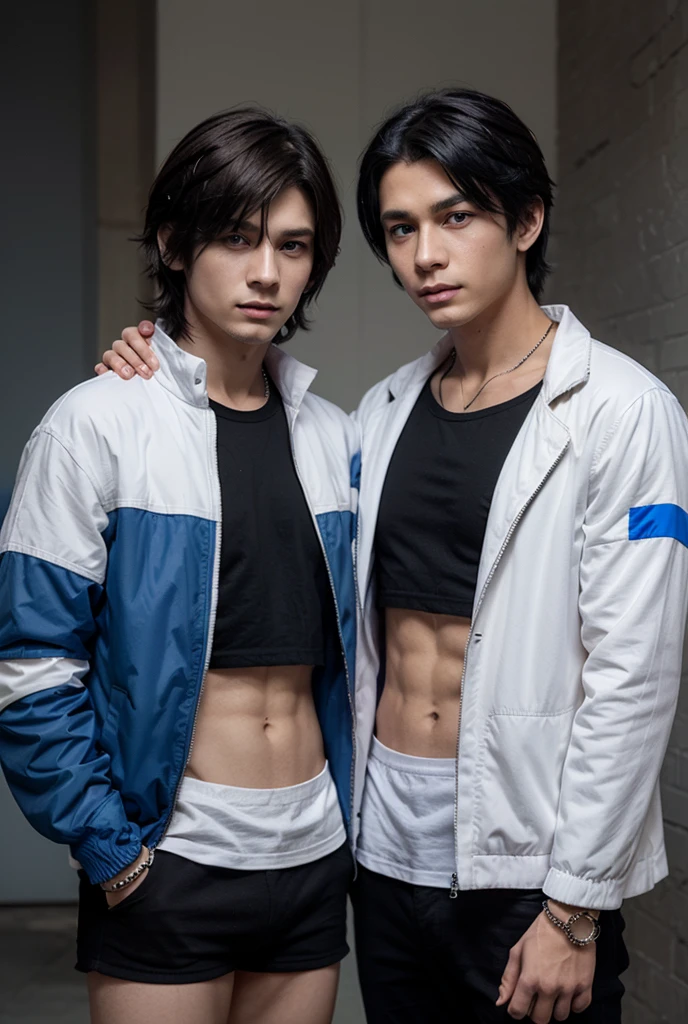 (corpo todo)(Photo angle from bottom to top) Garoto de anime, 13 anos, rosto fofo, solid body, wearing baggy black pants, standing, Hands in pockets, topless, sem camisa , suor abundante escorrendo