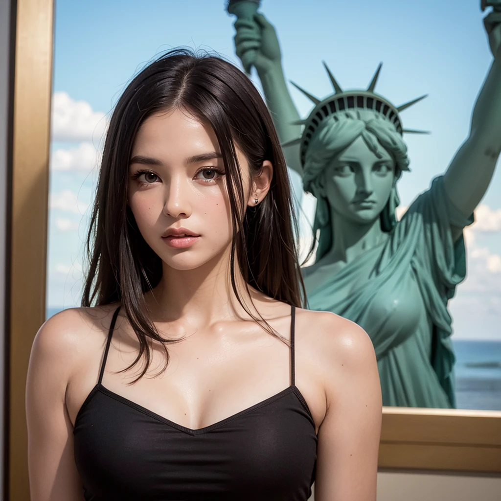 Table top、highest quality、High resolution、Eleonora Pavinato, 23yearsold, Younger portrait, look cute, cute pose, Beautiful busty girl, black long hair, cute pose, Casual Clothing, statue of Liberty, New York City, Reh