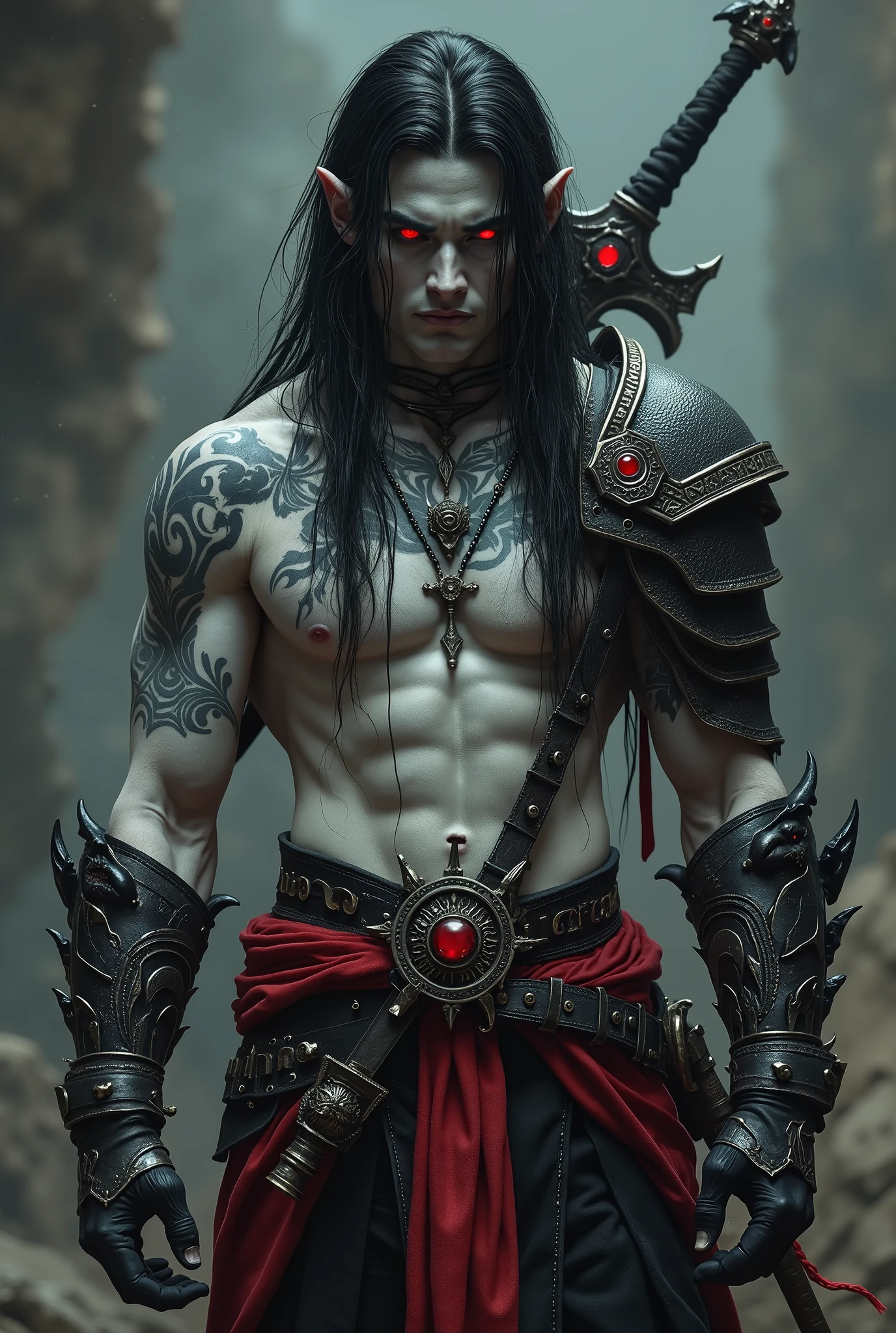 emerges before us, a dark warrior with a supernatural and intimidating appearance. His body is tall , slender and at the same time extremely muscular, with defined muscles as if sculpted in gray marble. His pale skin contrasts intensely with his long wild black hair, that fall in disordered waves up to waist height. Your face is tapered, with perfect features, almost androgynous , walking eternally between war. His red eyes glow with a menacing intensity, radiating an evil aura, exuding an aura of power.
The ears Indications indicate that he belongs to an elven race, but charged with a lethal coldness, maybe a dark elf or a warrior vampire. His lips are thin and often clenched in a serious expression, almost melancholic , a being forged in darkness, as if it were always on the verge of attacking.
Your torso is bare, displaying the impressive musculature adorned only by intricate black tattoos that extend from the chest to the shoulders, before us an imposing figure, as marks of power or ancient curse. over the shoulders, he wears partial armor made of leather and black metal, decorated with the heads of ferocious beasts — possibly wolves or demonic creatures — that almost seem. The sturdy shoulders reinforce his brutal and inhuman appearance.
On his waist , he wears a thick leather belt crafted in Gothic and runic details, from which descends a combat skirt made of vivid heavy fabrics in shades of dark red and black, , further reinforcing the dramatic contrast of his figure. Attached to his back is an immense and ancient black-bladed swordsman, richly detailed with dark runes and a red jewel on the knob, but with a latent threat.
Each detail of his appearance is meticulously thought out to convey his nature: but corrupted or ancient, revenge and tragedy, drawing arcane or tribal patterns, restrained hatred and tragedy. He is himself the merciless and immortal