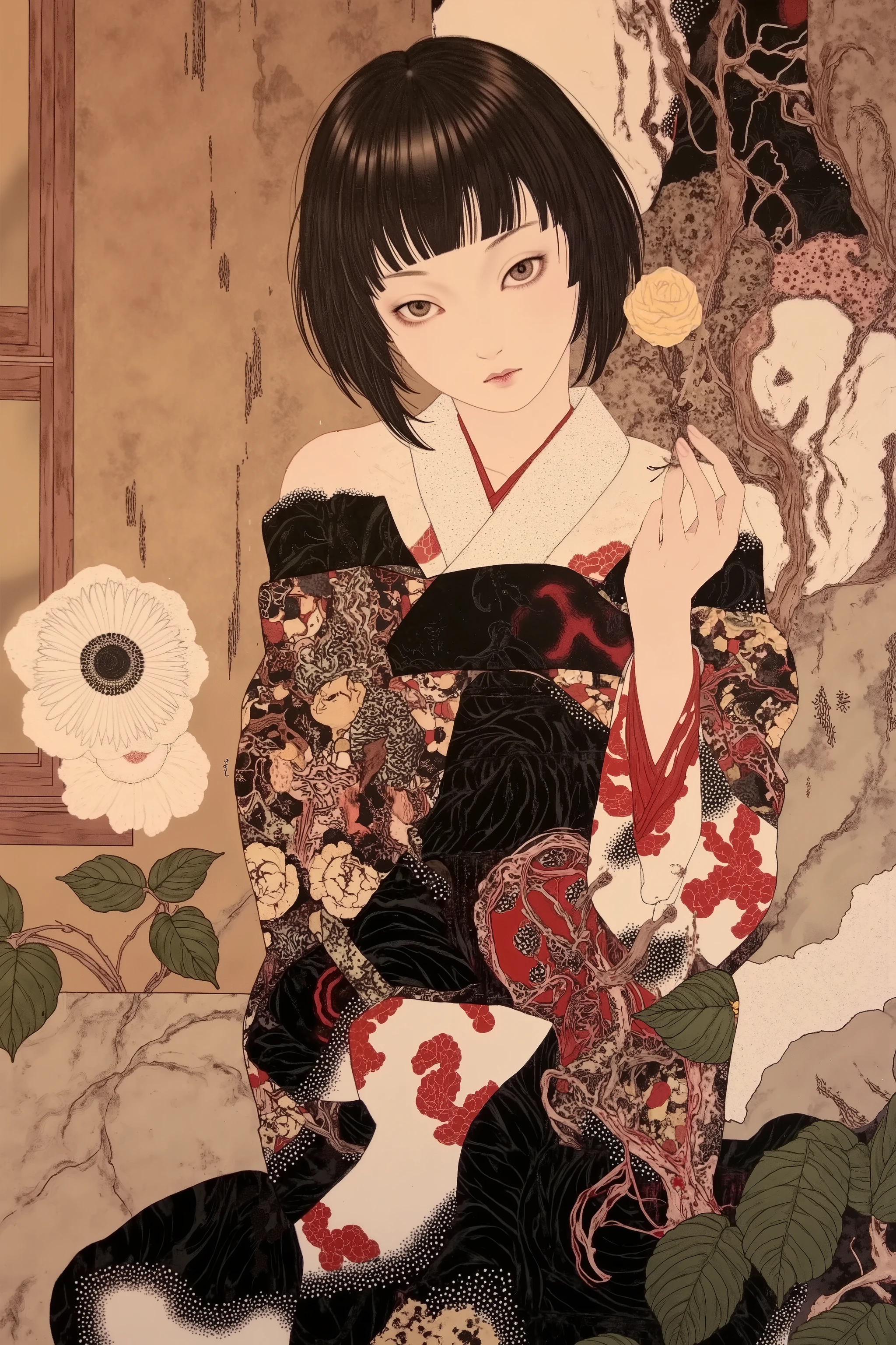 side view,1 woman,short hair,wearing kimono,holding flower,in japanese room,summer