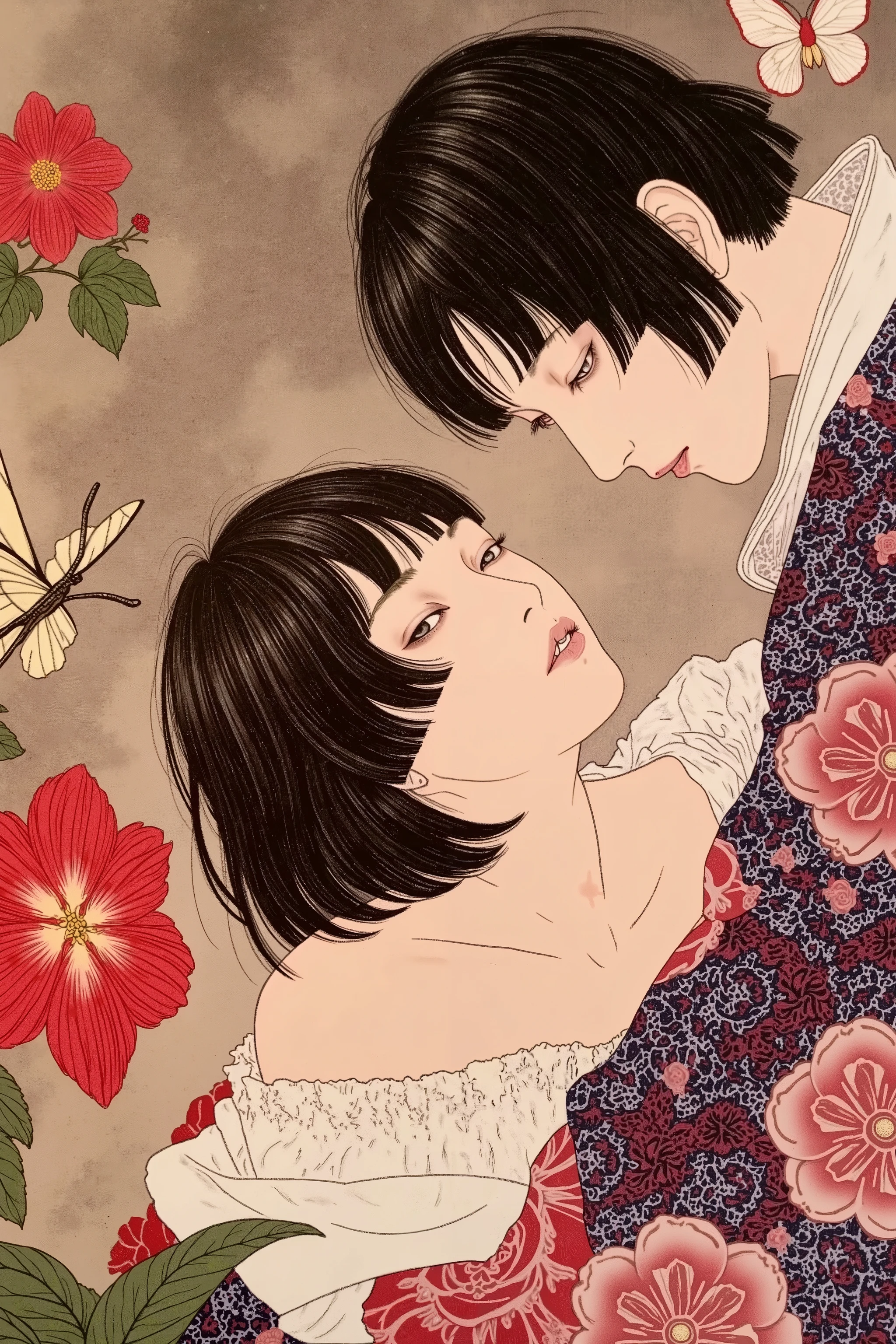 side view,1 woman,portrait,semi short hair,wearing vibrant pattern kimono,melancholy,flower,butterfly,in japanese room