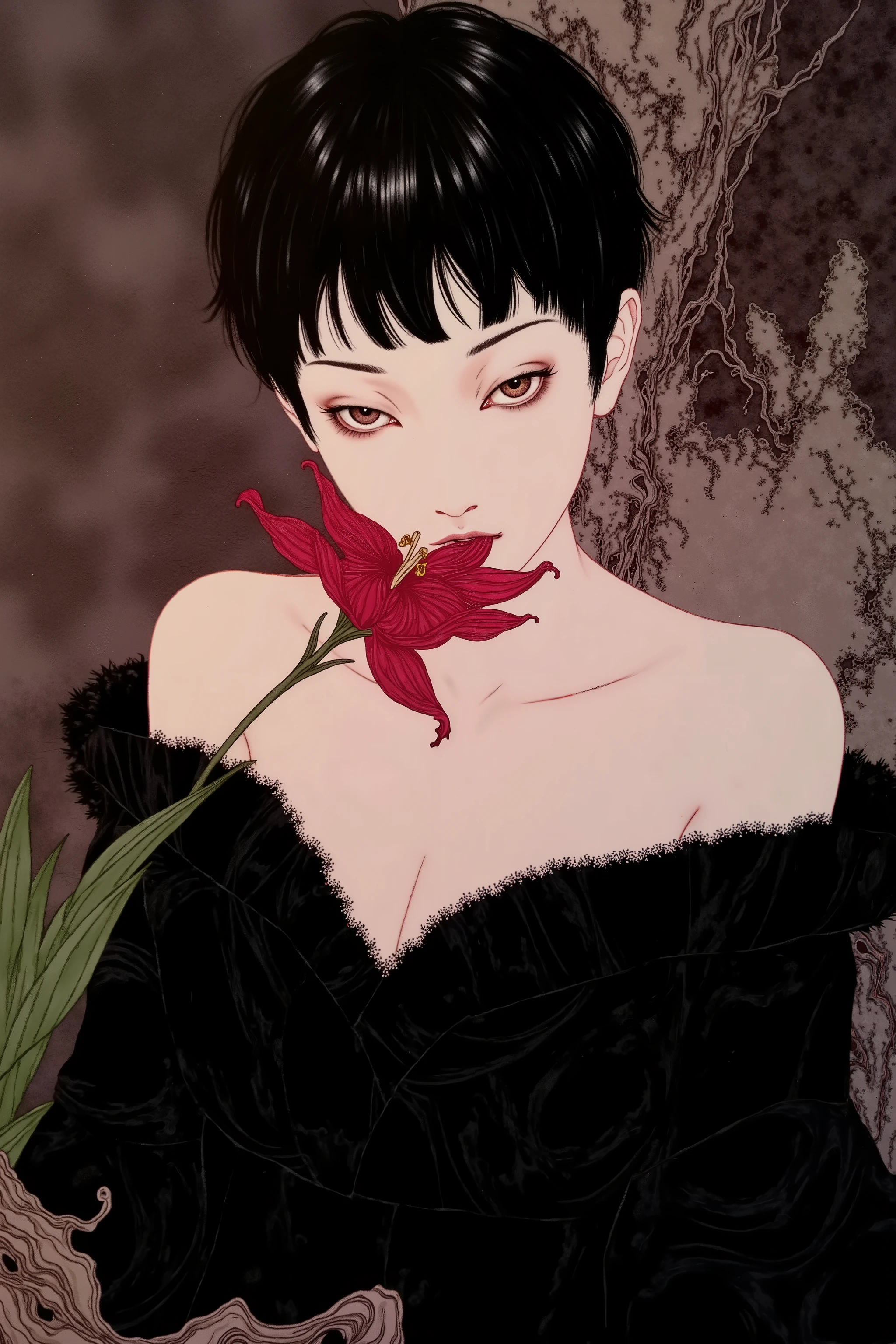 1 woman wearing black kimono,pale skin,goth,portrait,sexy,feminine,biting red spider lily,dynamic pose,dynamic angle