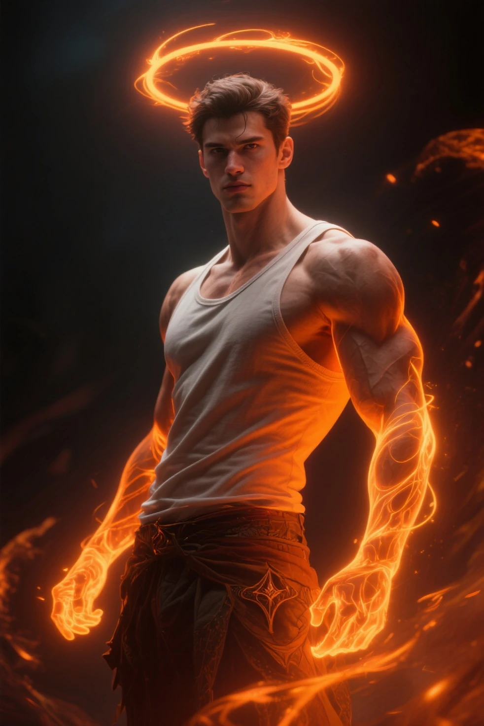 A 20 years old boy shirt less with cosmic energy with red fiar  powers in space 