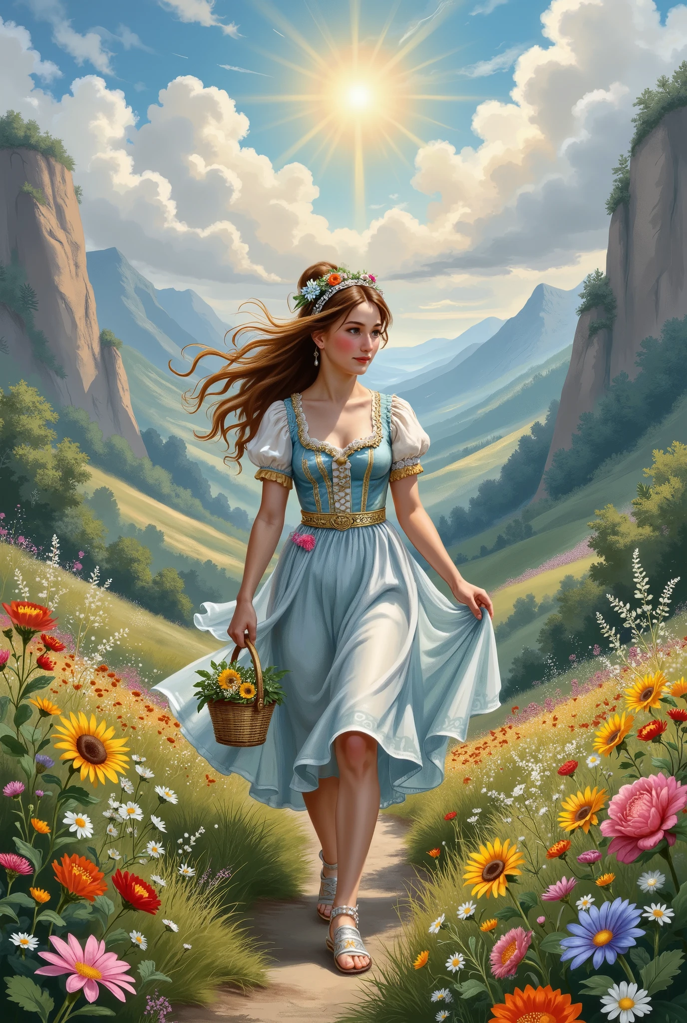 A magical fairytale landscape with bright colors, rich colors, better quality, high detail, Fairy tale style, Oil Style , Gouache Painting style, Beautiful flowers stretch across a vast valley, Beautiful Girl in a Fairytale Outfit with various decorations with gorgeous with hair, A pleasant wind develops through a beautiful valley, Bright sun rays shine on a girl, Beautiful porous clouds, Gorgeous and Beautiful, A girl walks with a small Basket filled with Sunflowers, great painting , Beautiful Clear colors, better quality, high detail, masterpiece,